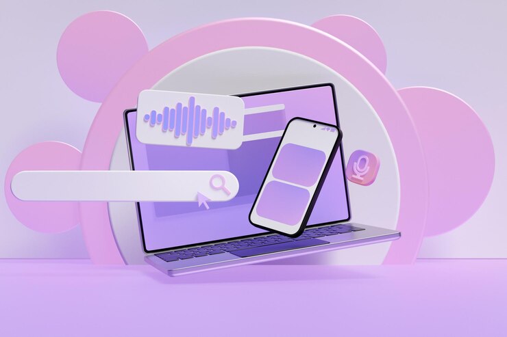 Foto ilustración 3d de una computadora portátil con un marco de búsqueda, un cuadro, un panel de internet con un ícono de lupa y una búsqueda de audio el concepto de una búsqueda de audio moderna en internet