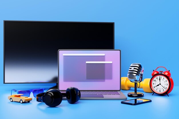 Ilustración 3D de una computadora portátil con una pestaña de navegador abierta en la pantalla Búsqueda en Internet usando un teléfono inteligente Concepto de compras en línea