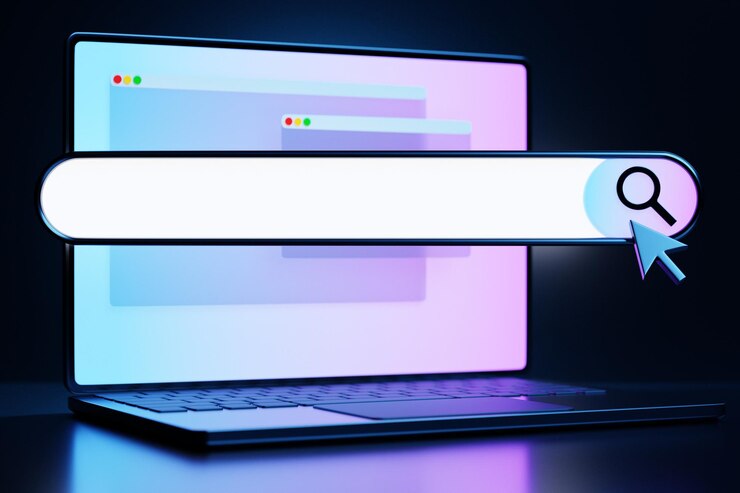 Foto ilustración 3d de una computadora portátil con una pestaña de navegador abierta en la pantalla búsqueda en internet usando un teléfono inteligente