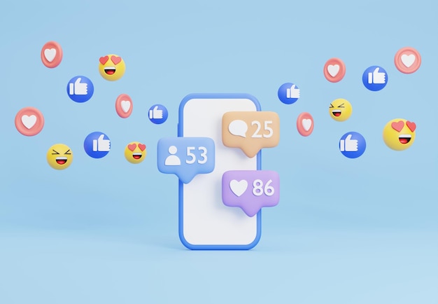 Ilustración 3D Concepto de aplicaciones de comunicación de redes sociales Teléfono inteligente con iconos de redes sociales