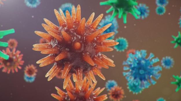 Ilustración 3D Concepto de coronavirus bajo el microscopio. Propagación del virus dentro del ser humano. Epidemia, pandemia que afecta las vías respiratorias. Infección viral mortal.