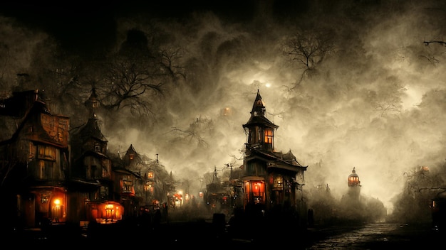 Ilustración 3D de un concepto de Halloween fondo oscuro de un castillo y cementerio Fondo de terror