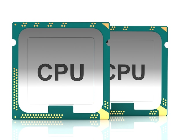Ilustración 3d concepto de industria electrónica de chip de CPU de PC de computadora, vista de primer plano.