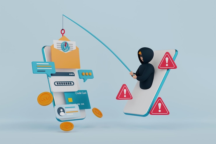 Foto ilustración 3d del concepto de phishing de datos hackers y ciberdelincuentes phishing robo de datos personales privados contraseña correo electrónico y tarjeta de crédito estafa en línea malware y phishing de contraseña