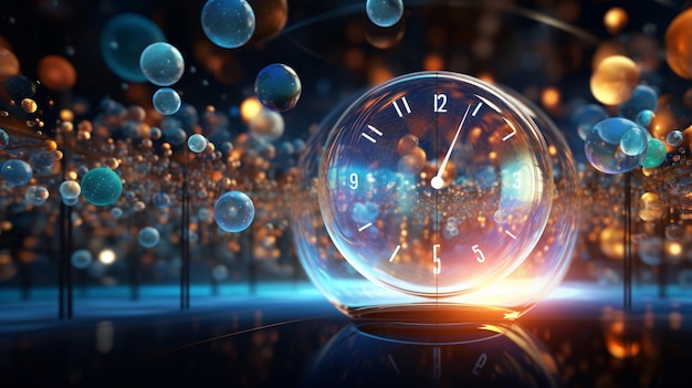 Ilustración 3D del concepto del tiempo de un reloj con fondo bokeh