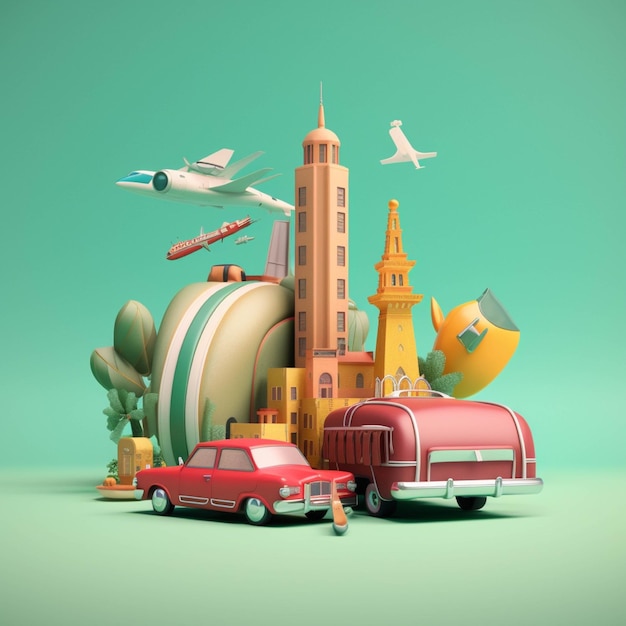 Ilustración 3d del concepto de viaje con coches avión avión tren y ciudad