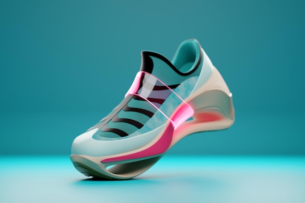 Ilustración 3D de un concepto de zapato para el metaverso Zapatillas deportivas coloridas en una plataforma alta