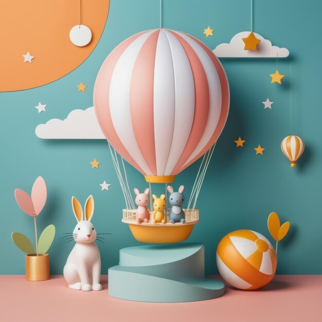 Ilustración 3D de conejo de Pascua y globo con huevos de Pascua en una caja 3D