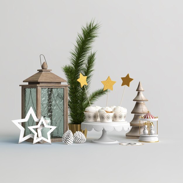 Ilustración 3d de conjunto de decoración de Navidad aislado sobre fondo blanco.