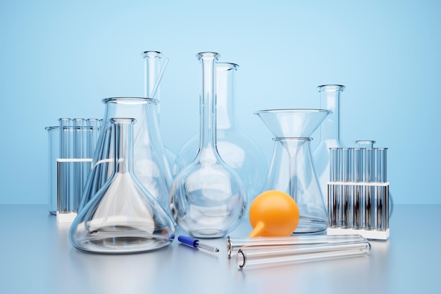 Ilustración 3d de un conjunto de instrumentos de laboratorio Conjunto de investigación de laboratorio químico sobre fondo azul