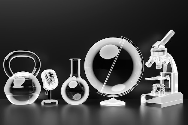 Ilustración 3d de un conjunto de instrumentos de laboratorio y un microscopio Investigación de laboratorio químico sobre un fondo negro