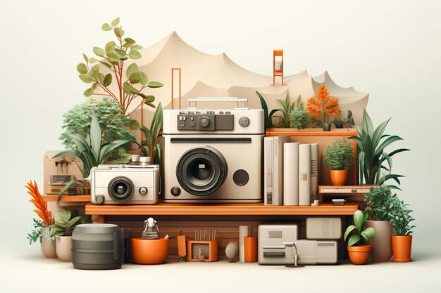 Ilustración 3D de un conjunto de objetos relacionados con el hogar en un estante