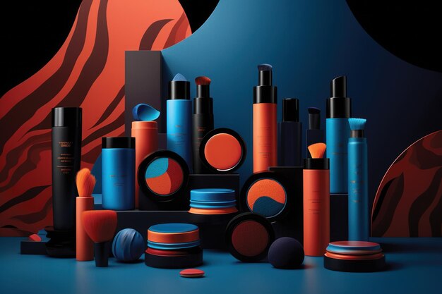 Ilustración 3d de un conjunto de productos cosméticos sobre un fondo oscuro