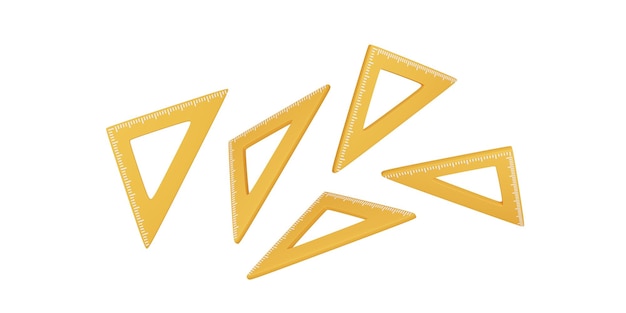 Ilustración 3D de un conjunto de reglas triangulares amarillas cuadradas en diferentes posiciones aisladas sobre fondo blanco