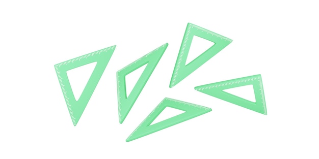 Ilustración 3D de un conjunto de reglas triangulares de color verde claro colocadas en diferentes posiciones aisladas sobre un fondo blanco