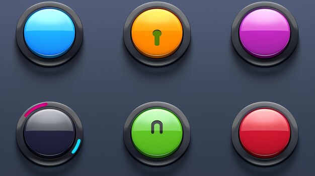 Foto ilustración 3d de un conjunto de seis botones de colores con diferentes símbolos en un fondo oscuro