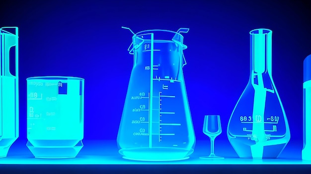 Ilustración 3D de un conjunto de vidrios de laboratorio sobre un fondo de neón azul