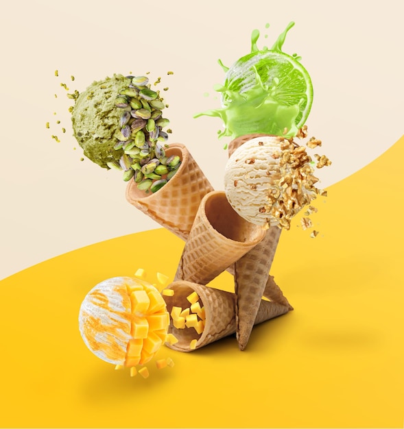 Ilustración 3D con conos de helado con cuatro tipos de chocolate diferentes sabores