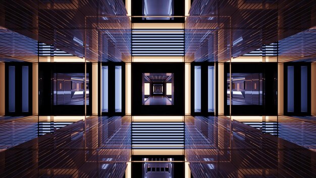 Ilustración 3D contemporánea del túnel abstracto 4K UHD con diseño simétrico y formas geométricas con colores azules en una superficie reflectante de vidrio