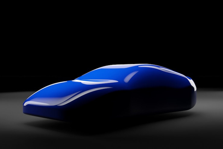 Foto ilustración 3d del contorno de un coche de carreras azul con reflejos sobre un fondo negro