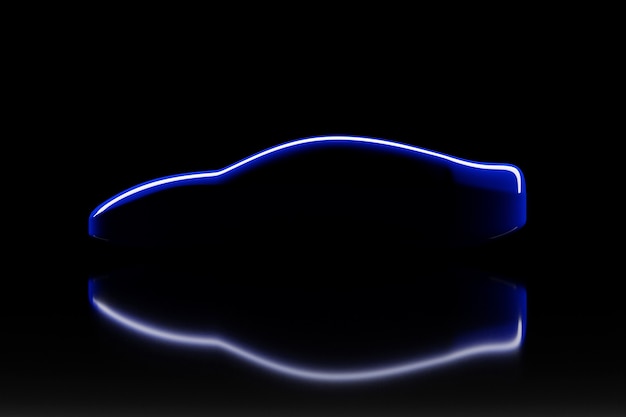 Ilustración 3d del contorno de un coche de carreras azul con reflejos sobre un fondo negro