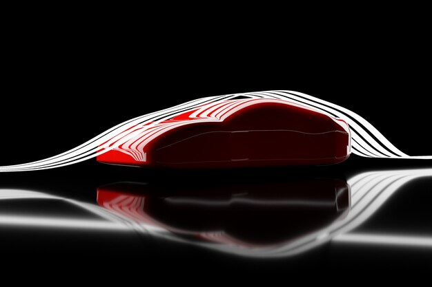 Ilustración 3d del contorno de un coche de carreras rojo con reflejos con rayas blancas con luz blanca sobre un fondo negro