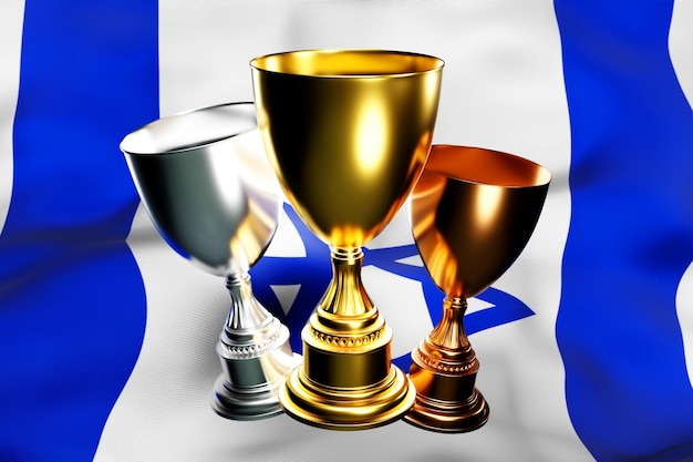 Ilustración 3d de una copa de ganadores en el fondo de la bandera nacional de Israel