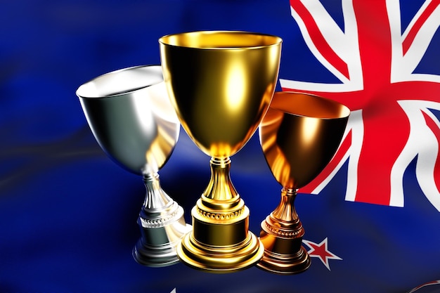 Ilustración 3D de una copa de oro, plata y ganadores de bronce en el fondo de la bandera nacional de Nueva Zelanda Visualización 3D de un premio por logros deportivos