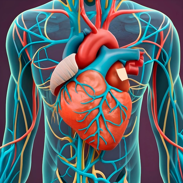 Ilustración en 3D de un corazón humano en el cuerpo