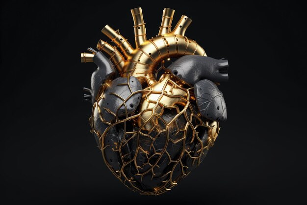 Ilustración 3d del corazón humano hecho de reflejos dorados de ónix negro Generado por IA