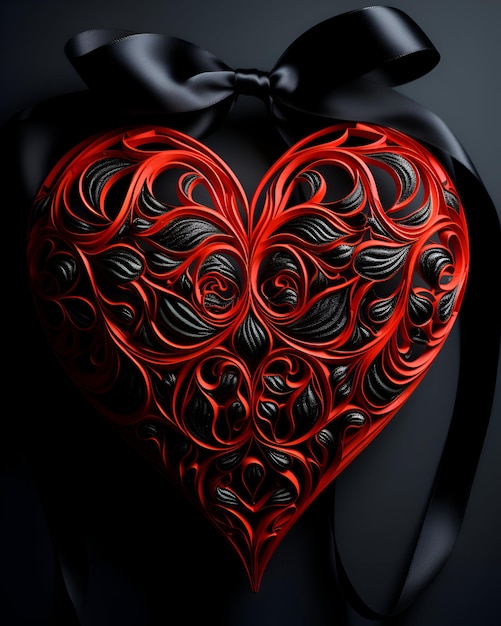 Foto ilustración 3d de corazón rojo con cinta negra sobre fondo negro