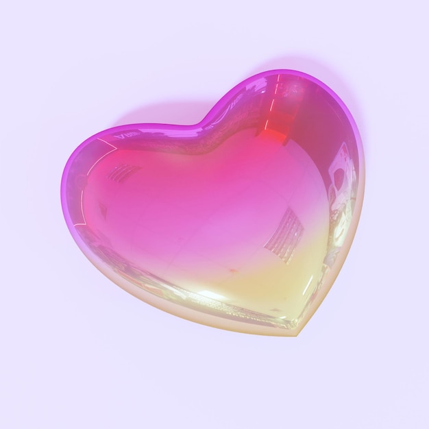 Ilustración 3d de corazón rosa brillante con reflejo inferior amarillo en la superficie lila clara