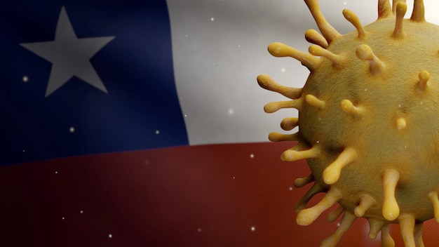 Ilustración 3D de coronavirus de la gripe flotando sobre la bandera chilena, patógeno ataca el tracto respiratorio. Bandera de Chile ondeando con el concepto de infección por el virus Covid19 pandémico. Primer plano de la textura de la tela real alférez