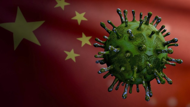 Ilustración 3D El coronavirus de la gripe flotando sobre la bandera china, el patógeno ataca el tracto respiratorio. Bandera de China ondeando la pandemia del concepto de infección por virus Covid19. Cerca de la textura de la tela real alférez