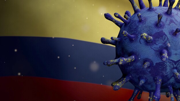 Ilustración 3D Coronavirus de la gripe flotando sobre la bandera colombiana, patógeno ataca el tracto respiratorio Bandera de Colombia ondeando con el concepto de infección por virus Covid19 pandémico