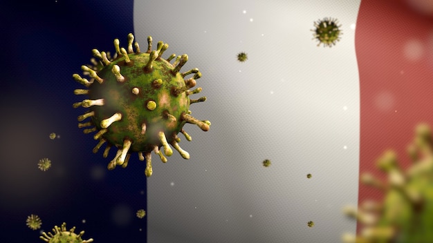 Ilustración 3D El coronavirus de la gripe flotando sobre la bandera francesa, el patógeno ataca el tracto respiratorio. Bandera de Francia ondeando con la pandemia del concepto de infección por virus Covid19. Bandera de textura de tela real