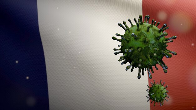 Ilustración 3D El coronavirus de la gripe flotando sobre la bandera francesa, el patógeno ataca el tracto respiratorio. Bandera de Francia ondeando con la pandemia del concepto de infección por virus Covid19. Bandera de textura de tela real