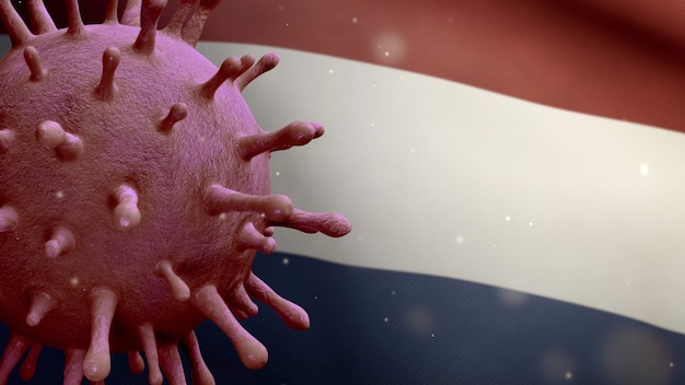 Ilustración 3D El coronavirus de la gripe flotando sobre la bandera holandesa, el patógeno ataca el tracto respiratorio. Bandera de los Países Bajos ondeando con la pandemia del concepto de infección por el virus Covid19. Bandera de textura de tela real