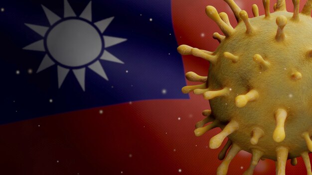 Ilustración 3D El coronavirus de la gripe flotando sobre la bandera de Taiwán, el patógeno ataca el tracto respiratorio. Bandera de Taiwán ondeando con la pandemia de infección por el virus Covid19. Cerrar alférez de textura de tela real