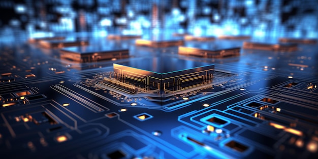 Ilustración 3D de la CPU en la placa madre placa de microcircuito electrónico con el procesador de cerca