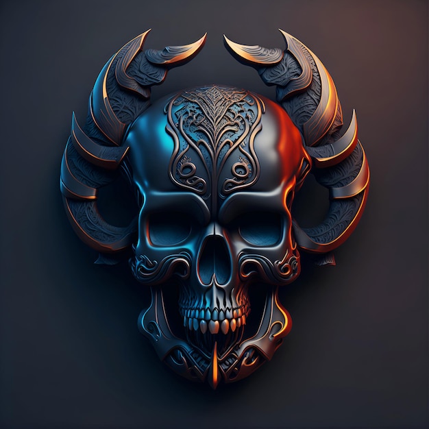 Ilustración 3D del cráneo con estilo cromo tribal ornamental