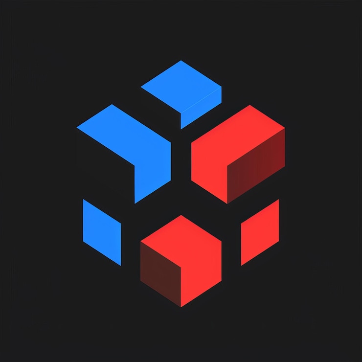 Foto ilustración 3d de un cubo en azul y rojo sobre un fondo negro