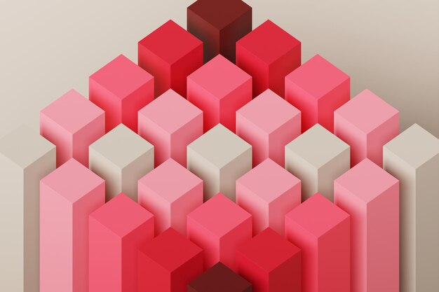 Ilustración 3D de un cubo multicolor de muchos objetos geométricos de diferentes texturas y colores sobre un fondo rosa