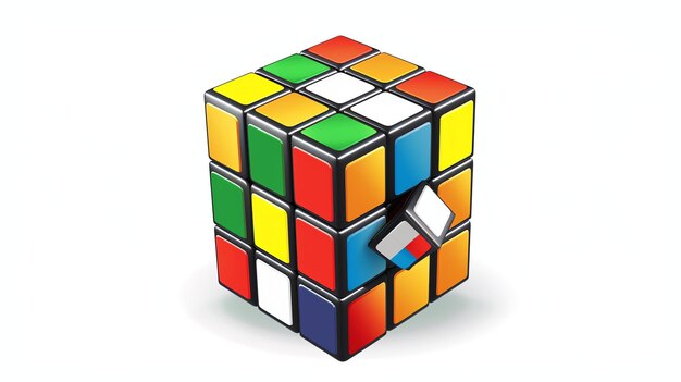 Foto ilustración 3d de un cubo de rubiks con una pieza de esquina blanca aparecida el cubo está en un estado resuelto excepto por la pieza de esquena aparecida