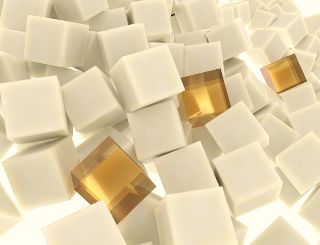 Ilustración 3d de cubos blancos y dorados