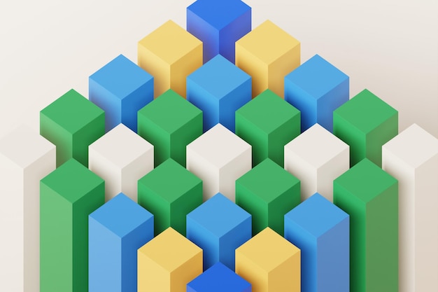 Ilustración 3D cubos coloridos volumétricos Patrón de paralelogramo Tecnología geometría fondo de neón