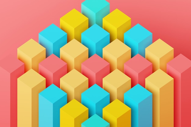 Ilustración 3D cubos volumétricos de colores sobre un fondo monofónico geométrico Fondo de geometría tecnológica
