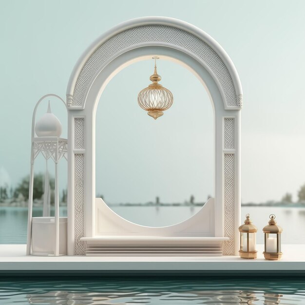 Ilustración 3D de la decoración de la media luna en la linterna islámica con arco árabe