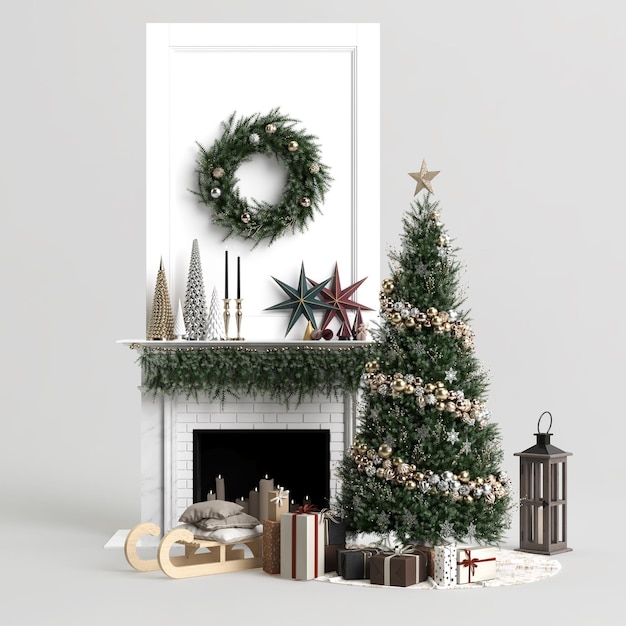 Ilustración 3d de decoración pino navidad aislado sobre fondo blanco.