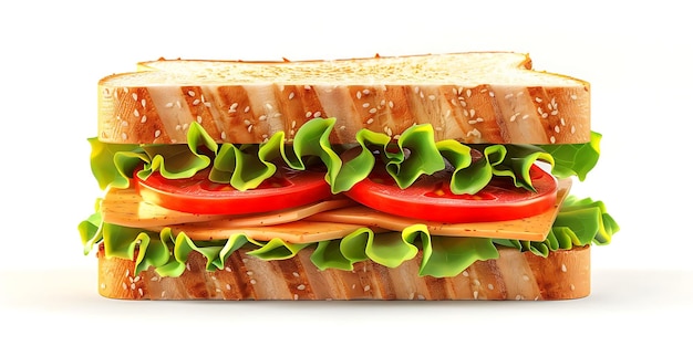 Ilustración 3D de un delicioso sándwich con lechuga, tomate y queso